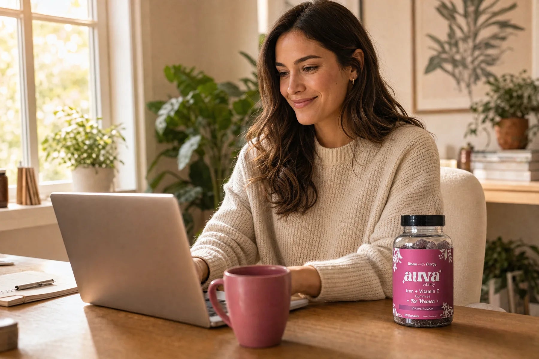 Woman working at a bright desk with the Auva jar nearby